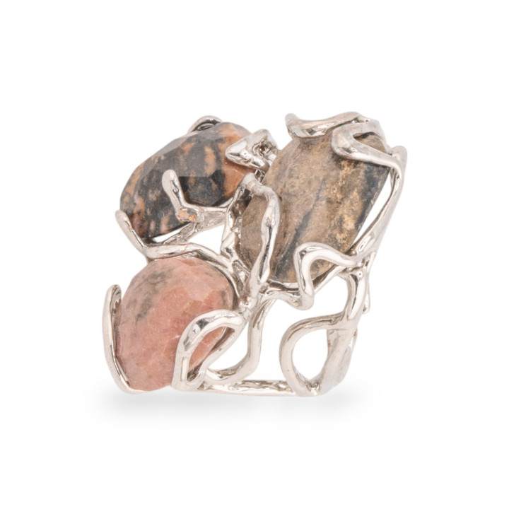 Anello Regolabile in Bronzo Rodiato Collezione AURORA con Pietre Dure Rodonite| Gioiello Artigianale Donna 32x36mm