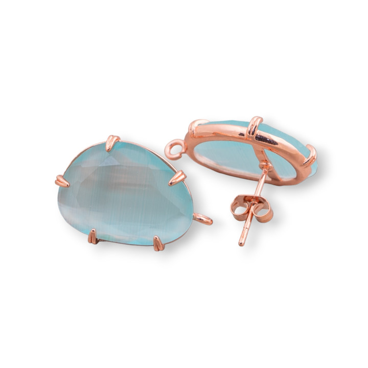 Brass Stud Earring Base with Faceted Cat's Eye 14.5x18mm 6 Pairs Rose Gold Aqua