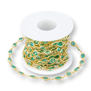 Catena Rosario Di Ottone Con Occhio Di Gatto Cabochon Goccia 6,5x8,5mm 1 Metro Dorato Verde Acqua