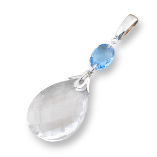 Ciondolo Pendente Di Argento 925 Con Zirconi Blu Indaco E Cristallo Goccia Sfaccettata 36x25mm 1Pz