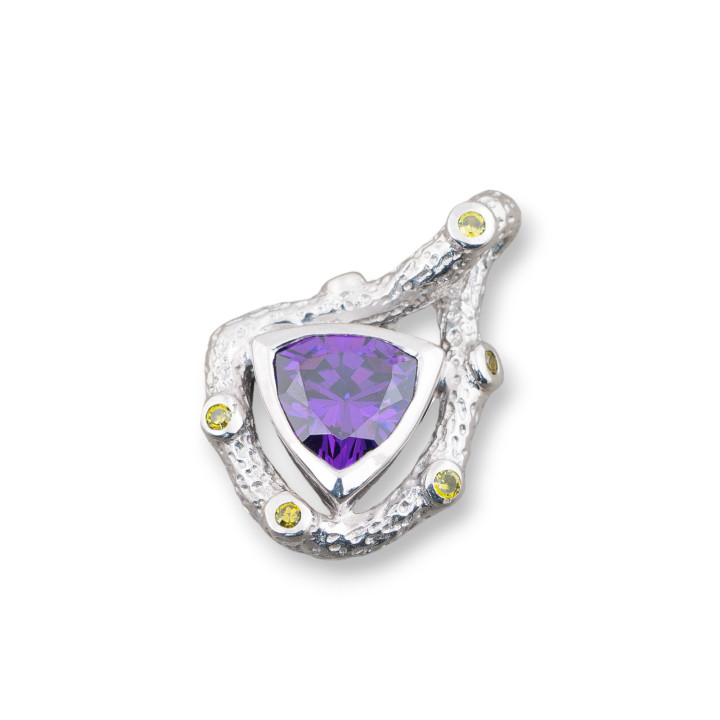 Ciondolo Pendente Di Argento 925 Con Zirconi E Cabochon Di Pietre Idrotermale 18x26mm Rodiato