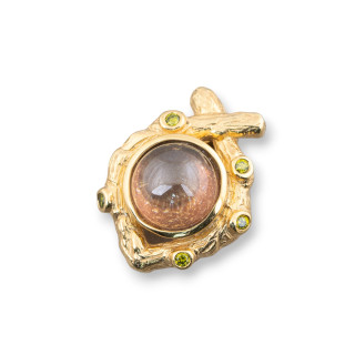Ciondolo Pendente Di Argento 925 Con Zirconi E Pietra Idrotermale Dorato 17x22mm