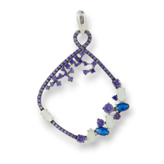 Ciondolo Pendente Di Argento 925 Con Zirconi E Topazi Blu, Viola E Bianco 32x46mm
