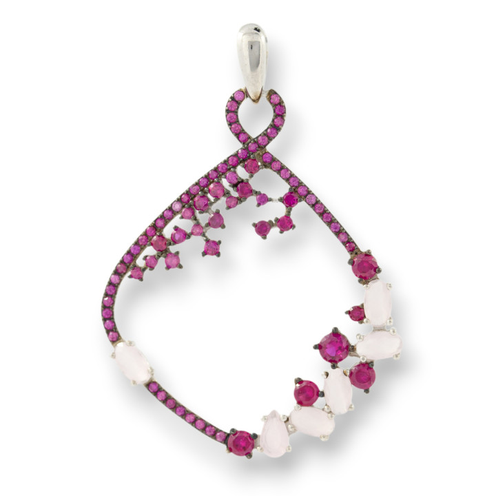 Ciondolo Pendente Di Argento 925 Con Zirconi E Topazi Fucsia E Rosa 32x46mm