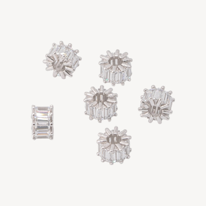 Componente Distanziatore In Argento 925 Rondelle Con Zirconi a Baguette 6x4mm 6pz Rodiato