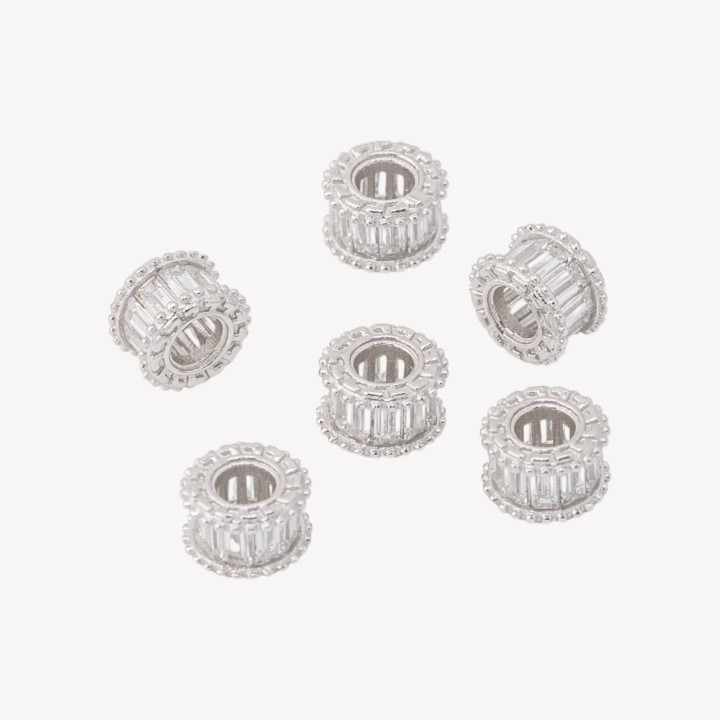 Componente Distanziatore In Argento 925 Rondelle Con Zirconi a Baguette 7,5x5mm 6pz Rodiato