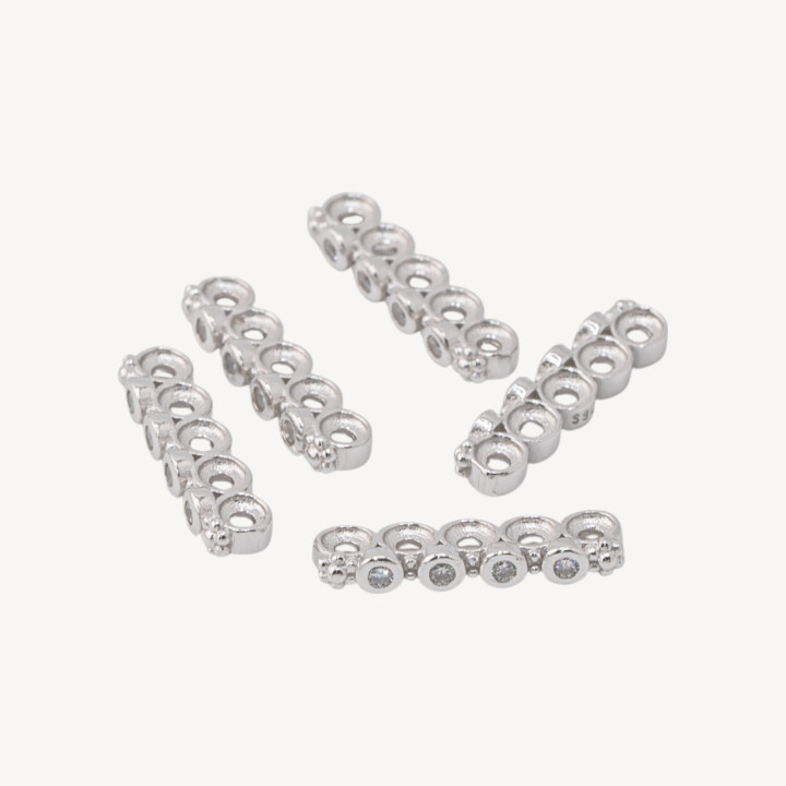 Componente Distanziatore Multifilo In Argento 925 Barretta A 5 Fili Con Zircone 16x2,5mm 10pz Rodiato