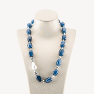 Collana Bijoux con Pietre Dure e Perle di Maiorca 50cm + 5cm con Ematite Argentata e Giada Blu