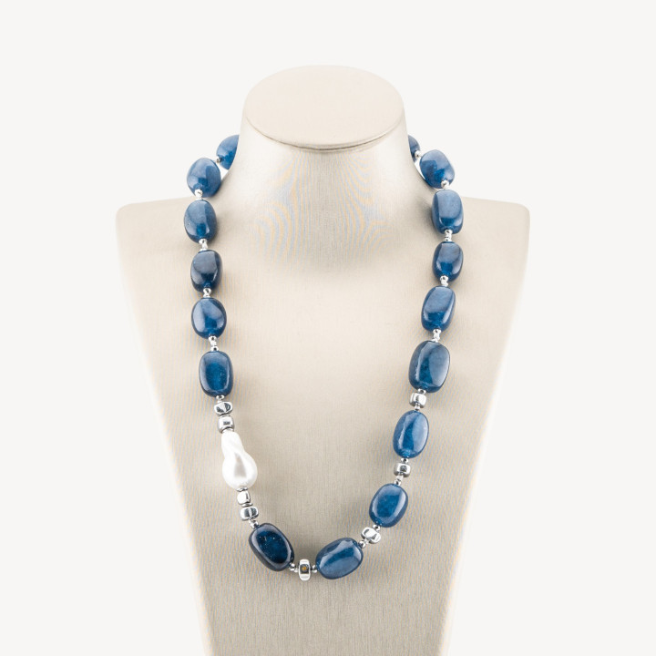 Collana Bijoux con Pietre Dure e Perle di Maiorca 50cm + 5cm con Ematite Argentata e Giada Blu