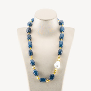 Collana Bijoux con Pietre Dure e Perle di Maiorca 50cm + 5cm con Ematite Dorata e Giada Blu