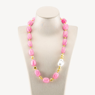 Collana Bijoux con Pietre Dure e Perle di Maiorca 50cm + 5cm con Ematite Dorata e Giada Rosa