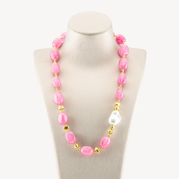 Collana Bijoux con Pietre Dure e Perle di Maiorca 50cm + 5cm con Ematite Dorata e Giada Rosa