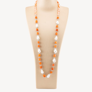 Collana Bijoux con Pietre Dure e Perle di Maiorca Barocche 80cm+5cm con Ematite Argentato e Giada Arancione