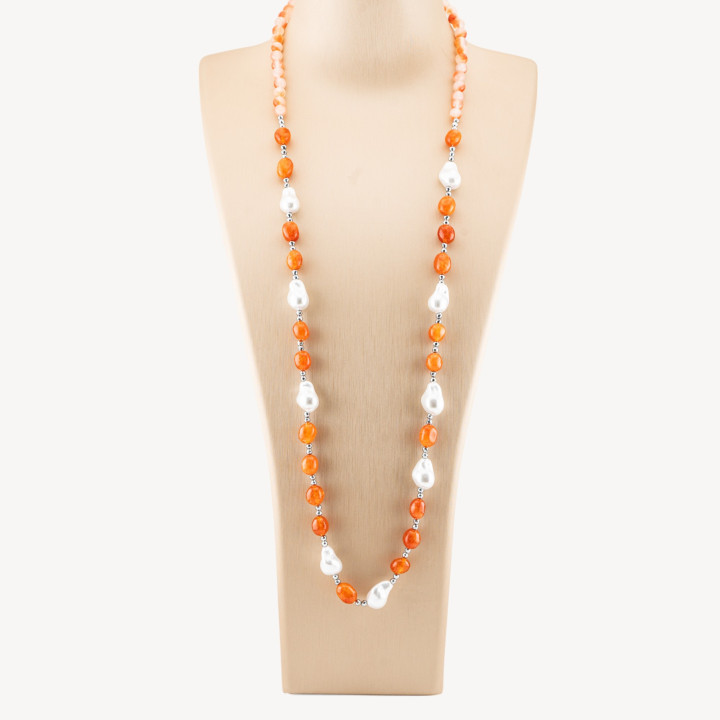 Collana Bijoux con Pietre Dure e Perle di Maiorca Barocche 80cm+5cm con Ematite Argentato e Giada Arancione