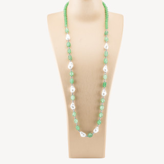 Collana Bijoux con Pietre Dure e Perle di Maiorca Barocche 80cm+5cm con Ematite Argentato e Giada Avventurina Verde