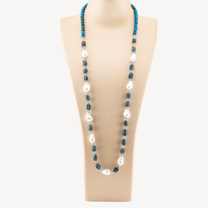 Collana Bijoux con Pietre Dure e Perle di Maiorca Barocche 80cm+5cm con Ematite Argentato e Giada Blu Petrolio
