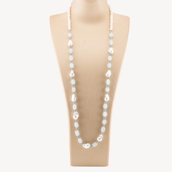 Collana Bijoux con Pietre Dure e Perle di Maiorca Barocche 80cm+5cm con Ematite Argentato e Giada Celeste