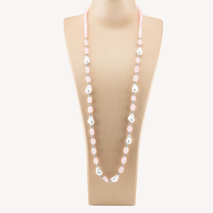 Collana Bijoux con Pietre Dure e Perle di Maiorca Barocche 80cm+5cm con Ematite Argentato e Giada Rosa