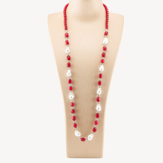 Collana Bijoux con Pietre Dure e Perle di Maiorca Barocche 80cm+5cm con Ematite Argentato e Giada Rossa