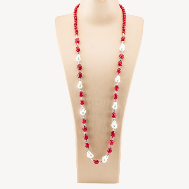 Collana Bijoux con Pietre Dure e Perle di Maiorca Barocche 80cm+5cm con Ematite Argentato e Giada Rossa