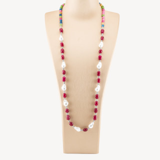 Collana Bijoux con Pietre Dure e Perle di Maiorca Barocche 80cm+5cm con Ematite Argentato e Giada Rossa Intensa