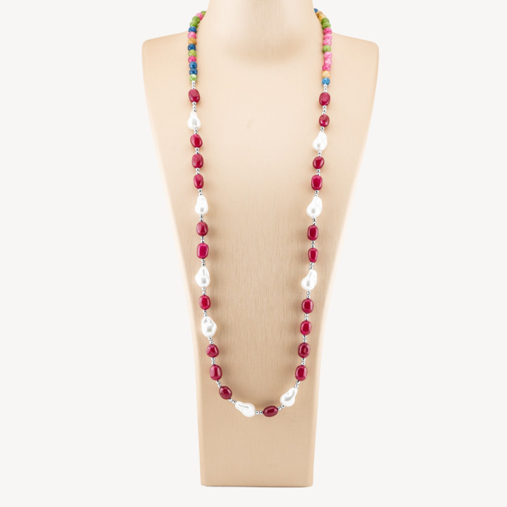 Collana Bijoux con Pietre Dure e Perle di Maiorca Barocche 80cm+5cm con Ematite Argentato e Giada Rossa Intensa