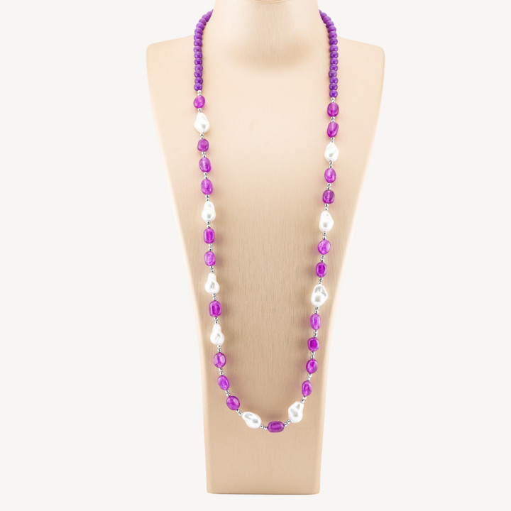 Collana Bijoux con Pietre Dure e Perle di Maiorca Barocche 80cm+5cm con Ematite Argentato e Giada Viola