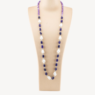 Collana Bijoux con Pietre Dure e Perle di Maiorca Barocche 80cm+5cm con Ematite Argentato e Giada Viola Scuro
