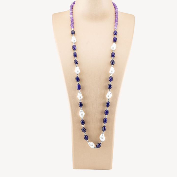 Collana Bijoux con Pietre Dure e Perle di Maiorca Barocche 80cm+5cm con Ematite Argentato e Giada Viola Scuro