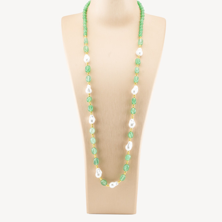 Collana Bijoux con Pietre Dure e Perle di Maiorca Barocche 80cm+5cm con Ematite Dorato e Giada Avventurina Verde
