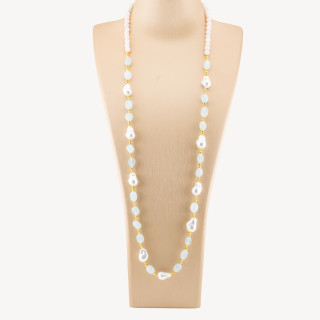 Collana Bijoux con Pietre Dure e Perle di Maiorca Barocche 80cm+5cm con Ematite Dorato e Giada Berillo Celeste