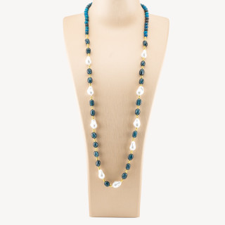 Collana Bijoux con Pietre Dure e Perle di Maiorca Barocche 80cm+5cm con Ematite Dorato e Giada Blu Petrolio