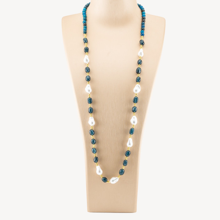 Collana Bijoux con Pietre Dure e Perle di Maiorca Barocche 80cm+5cm con Ematite Dorato e Giada Blu Petrolio