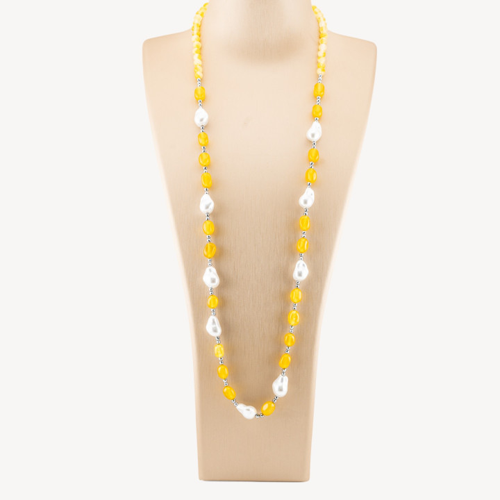 Collana Bijoux con Pietre Dure e Perle di Maiorca Barocche 80cm+5cm con Ematite Dorato e Giada Gialla