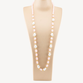 Collana Bijoux con Pietre Dure e Perle di Maiorca Barocche 80cm+5cm con Ematite Dorato e Giada Rosa