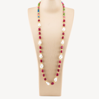 Collana Bijoux con Pietre Dure e Perle di Maiorca Barocche 80cm+5cm con Ematite Dorato e Giada Rossa