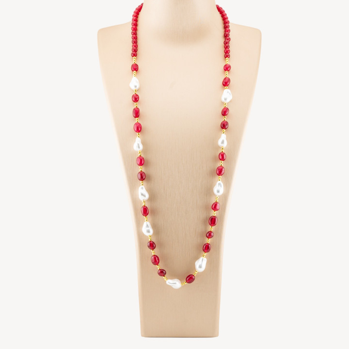 Collana Bijoux con Pietre Dure e Perle di Maiorca Barocche 80cm+5cm con Ematite Dorato e Giada Ruby