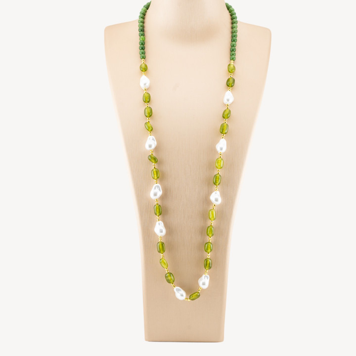 Collana Bijoux con Pietre Dure e Perle di Maiorca Barocche 80cm+5cm con Ematite Dorato e Giada Verde Peridot