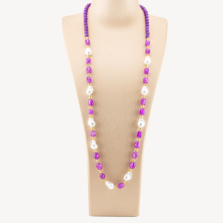 Collana Bijoux con Pietre Dure e Perle di Maiorca Barocche 80cm+5cm con Ematite Dorato e Giada Viola