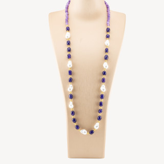 Collana Bijoux con Pietre Dure e Perle di Maiorca Barocche 80cm+5cm con Ematite Dorato e Giada Viola Scuro