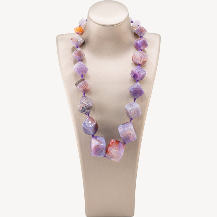 Collana Di Pietre Dure Annodate Con Chiusura Di Ottone 12-25mm Lunghezza Collana 55cm Agata Viola