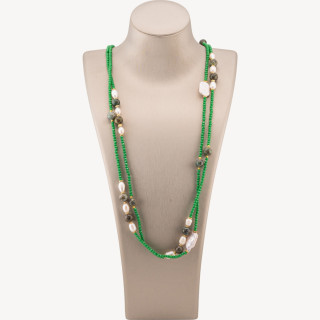 Collana Bijoux Charlestone Di Cristalli CZ Con Pietre Dure E Perle Di Fiume Con Ematite 160cm MOD70 Verde Smeraldo