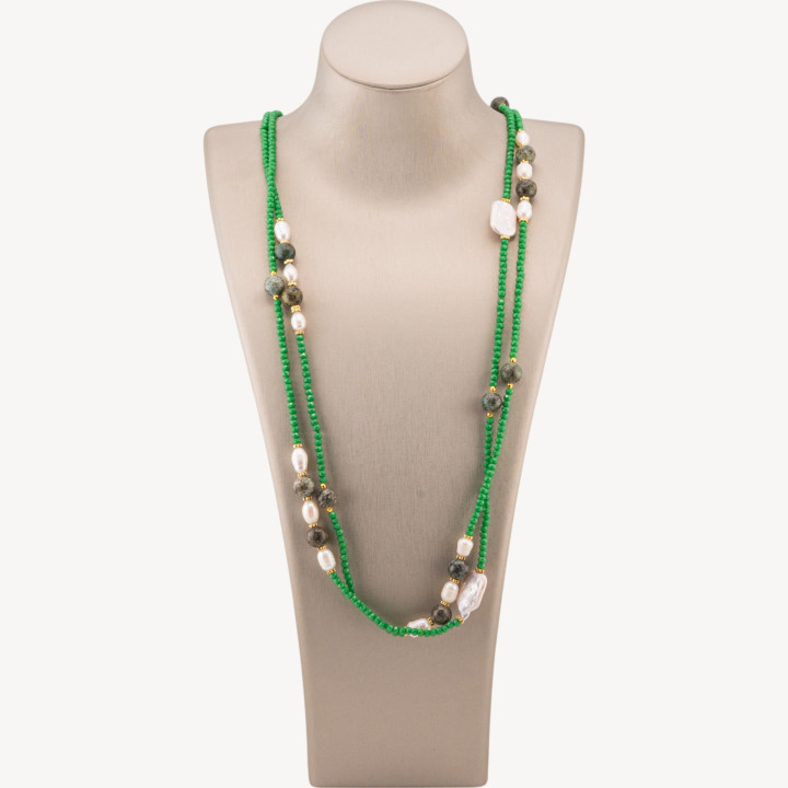 Collana Bijoux Charlestone Di Cristalli CZ Con Pietre Dure E Perle Di Fiume Con Ematite 160cm MOD70 Verde Smeraldo