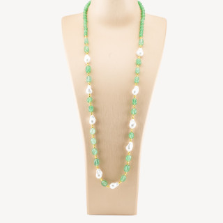 Collana Bijoux con Pietre Dure e Perle di Maiorca Barocche 80cm+5cm con Ematite Dorato e Giada Verde Chiaro