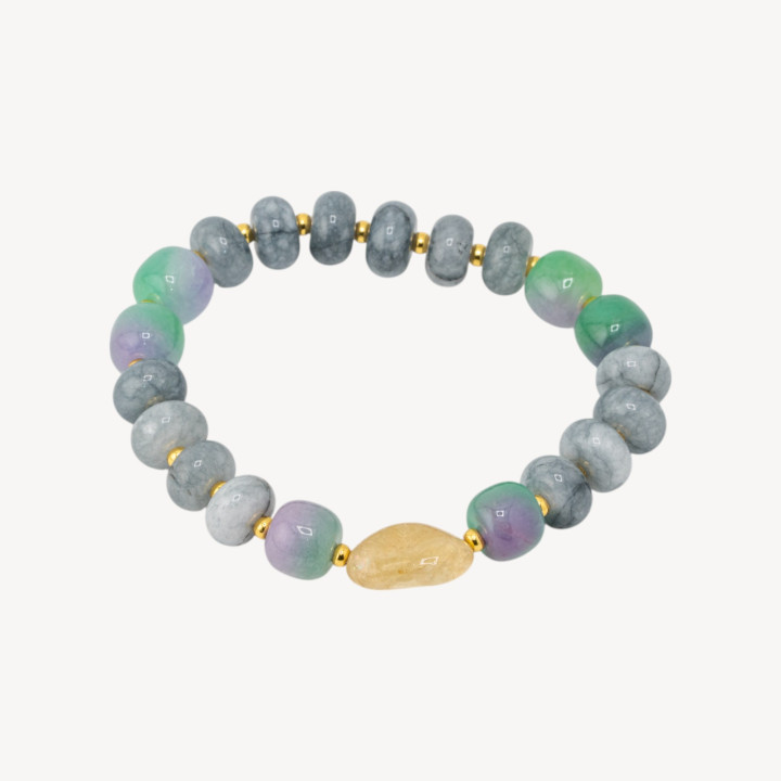 Bracciale Elastico con Pietre Rondelle 10mm E Sasso Burattato Con ematite MOD2722 Giada Grigia E Mix