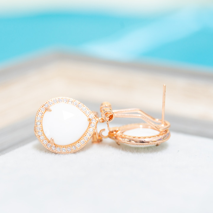 Brass Closed Stud Earring Base with Zircon Drop Crystals 5 Pairs Rose Gold White Agate
