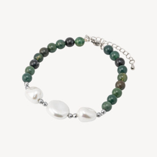 Bracciale con Pietre Dure e Tre Perle di Maiorca 18,5cm + 5cm con Ematite Argentata e Agata Botswana
