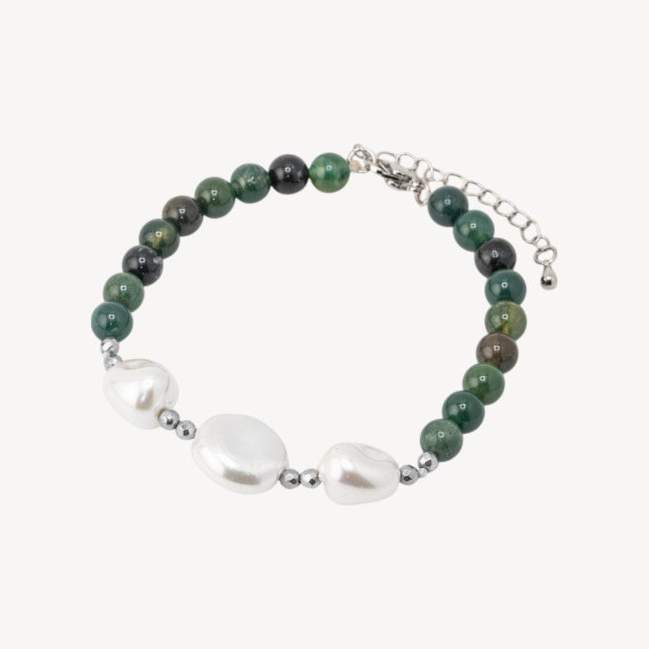 Bracciale con Pietre Dure e Tre Perle di Maiorca 18,5cm + 5cm con Ematite Argentata e Agata Botswana