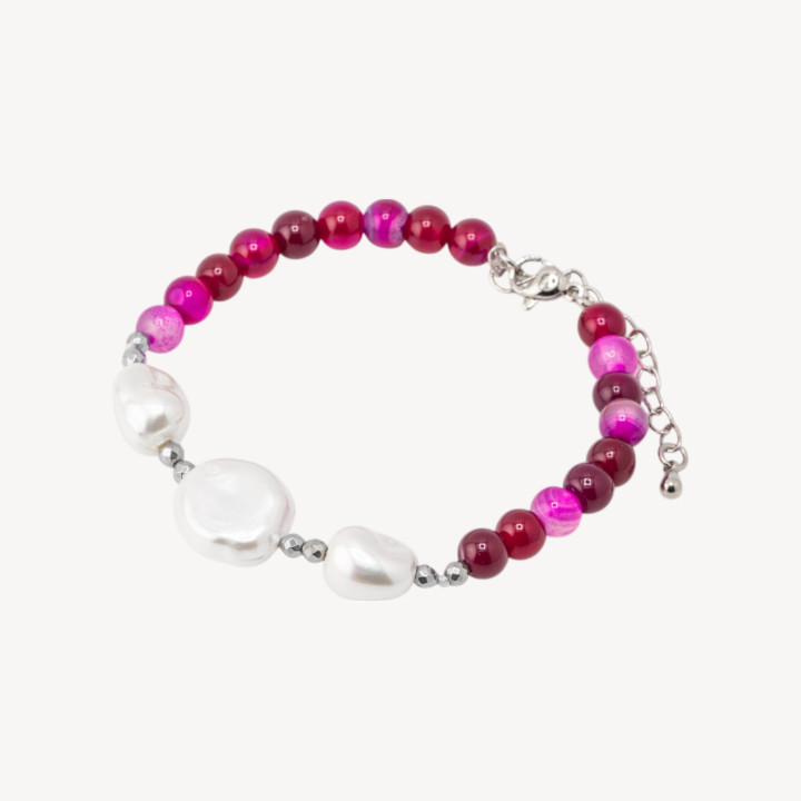 Bracciale con Pietre Dure e Tre Perle di Maiorca 18,5cm + 5cm con Ematite Argentata e Agata Fucsia