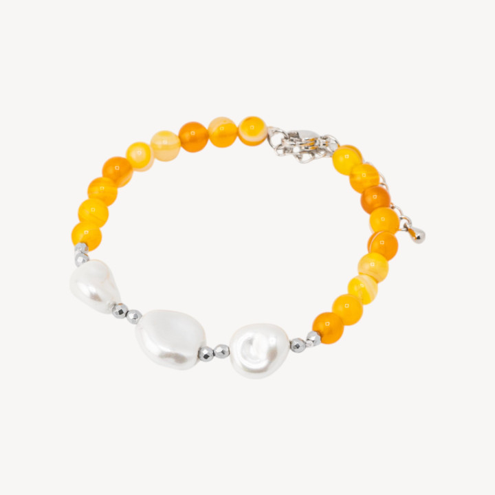 Bracciale con Pietre Dure e Tre Perle di Maiorca 18,5cm + 5cm con Ematite Argentata e Agata Gialla